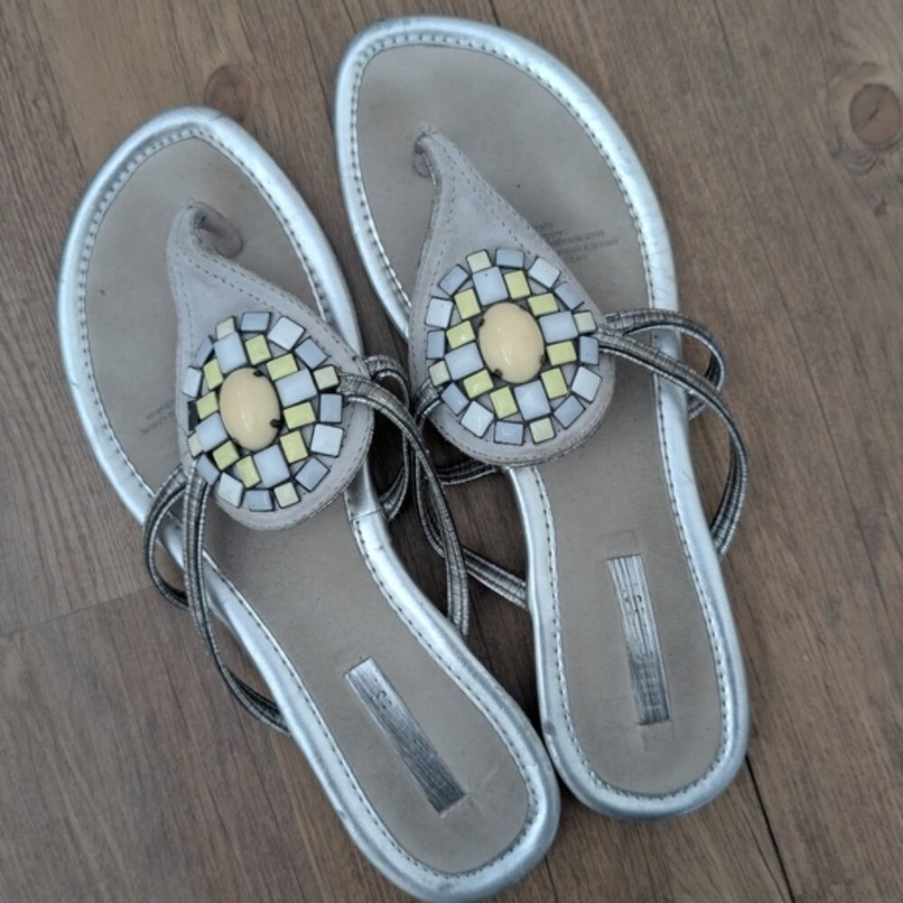 Nine West Silver Beaded Leather Flip Flops/Sandals